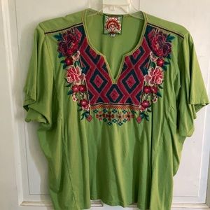 Johnny Was cotton top, chartreuse with embroidery